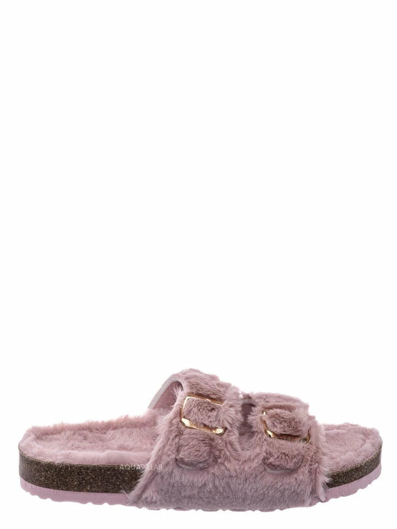 Bamboo New Defeat63 Faux Fur Molded Footbed Slipper - Furry Slide In Cork Slide Sandal