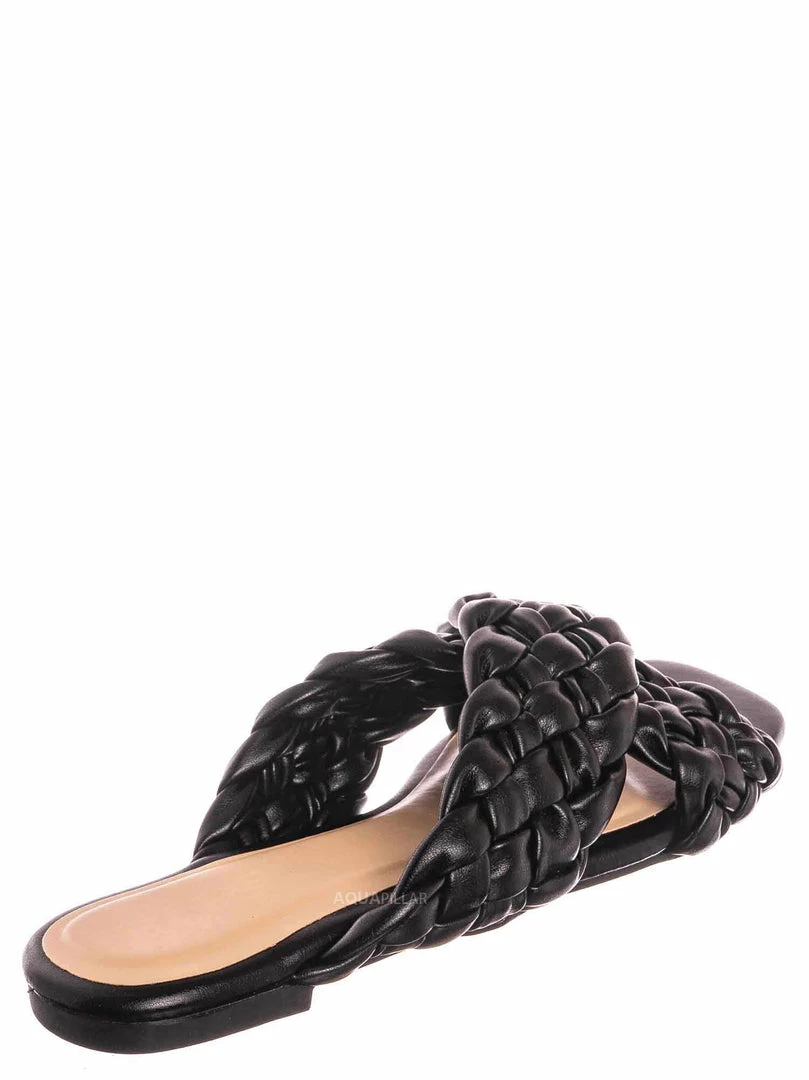 Bamboo Kick61 Thick Braided Woven Slides - Womens Open Squared Toe Slip On Mule Slipper New