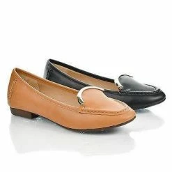 New Vedys1 By Kayleen, Almond Toe Metal Plated Collar Slip On Low Heel Loafers