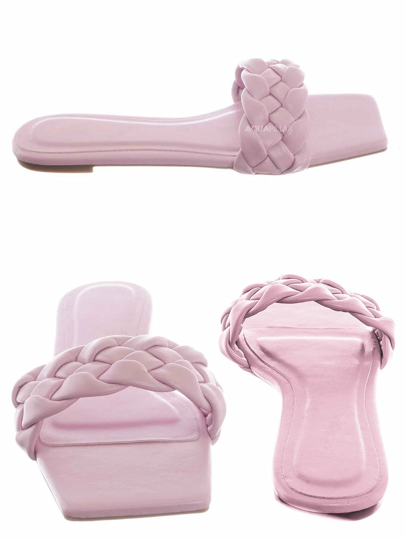 Bamboo Block19 Woven Braided Band Slipper - Womens Open Squared Toe Slip On Flat Sandal