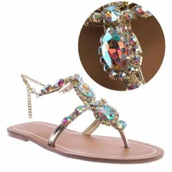 Bamboo Jewel44 Boho Rhinestone Crystal Thong Sandal - Women Bling Chain Link Gladiators