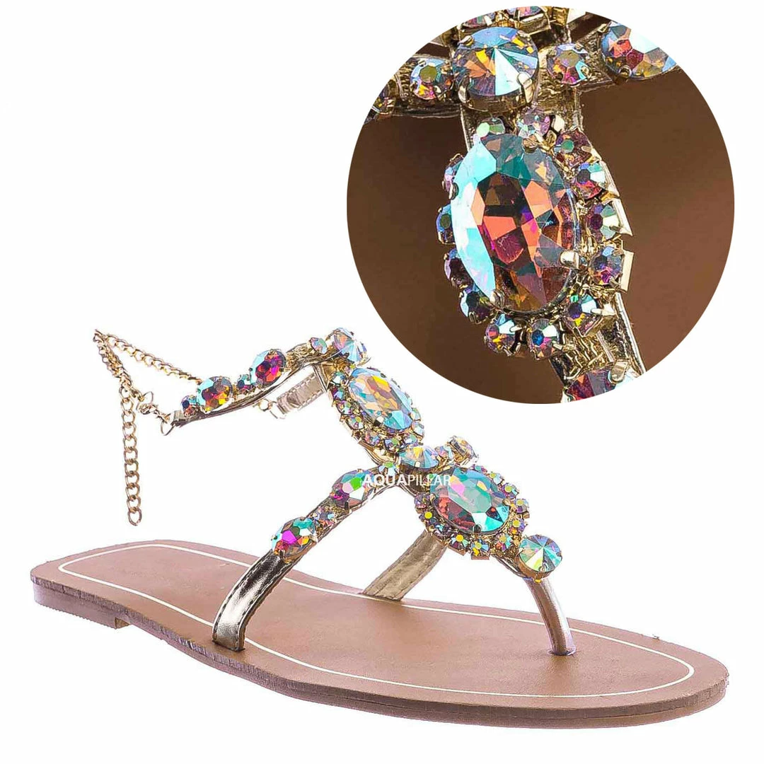 Bamboo Jewel44 Boho Rhinestone Crystal Thong Sandal - Women Bling Chain Link Gladiators