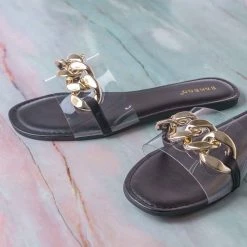 Bamboo New Laughter24 Oversized Chain On Lucite Vinyl Strap - Summer Slip On Slide Sandal