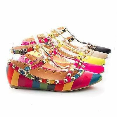 Mila62 By Liliana, Pointy Toe Pyramid Studded Strappy Double Buckle Dress Flat