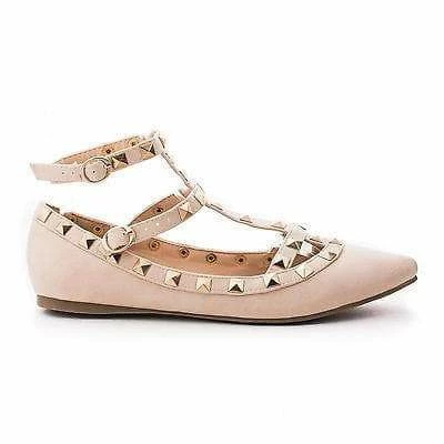 Mila62 By Liliana, Pointy Toe Pyramid Studded Strappy Double Buckle Dress Flat