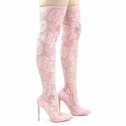 Liliana Xaya15 Thigh High Soft Legging, Sock Floral Lace Covered Pump On High Heel