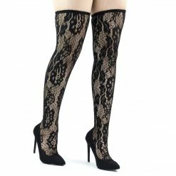 Liliana Xaya15 Thigh High Soft Legging, Sock Floral Lace Covered Pump On High Heel