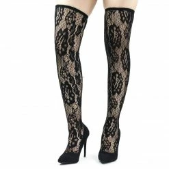 Liliana Xaya15 Thigh High Soft Legging, Sock Floral Lace Covered Pump On High Heel