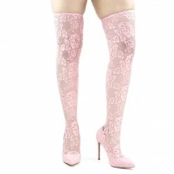 Liliana Xaya15 Thigh High Soft Legging, Sock Floral Lace Covered Pump On High Heel