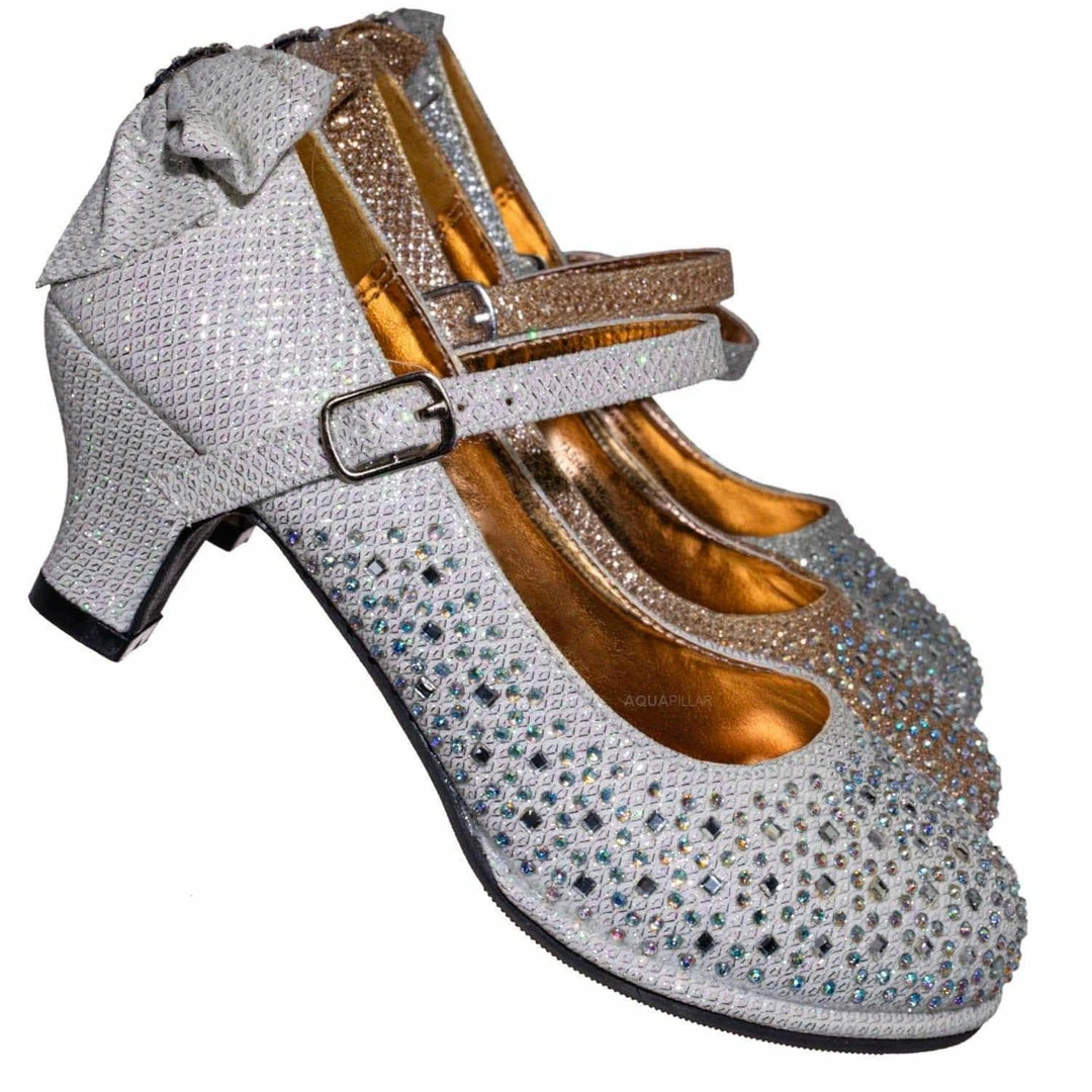 Little Angel Tasha004E Girl Rhinestone Crystal Mary Jane Pump - Kids Block Heel Dress Shoes New