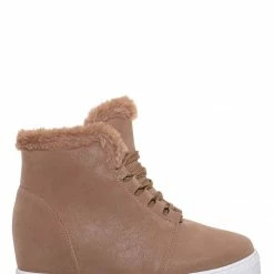 Bamboo Rise18 Hidden Wedge Faux Fur Sneaker - Shearling Lace Up Platform Ankle Bootie