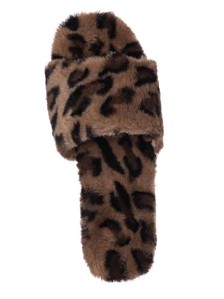 Bamboo Leverage12 Furry Platform Slides - Faux Fur Chunky Slipper In Rainbow & Leopard New