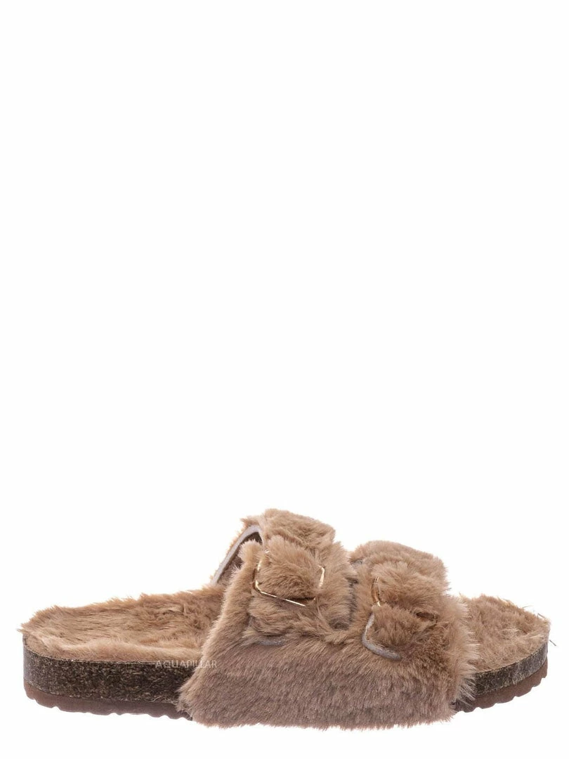 Bamboo New Defeat63 Faux Fur Molded Footbed Slipper - Furry Slide In Cork Slide Sandal