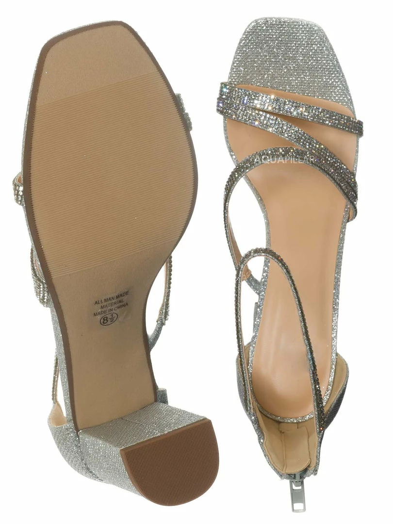 Delicious Polly Glitter Rhinestone Block Heel Sandal - Women Evening Dress Shoes