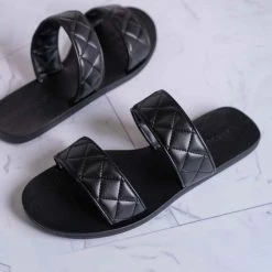 Bamboo Moonbeam65 Quilted Double Strap Slides - Summer Slip On Flat Slipper Sandal