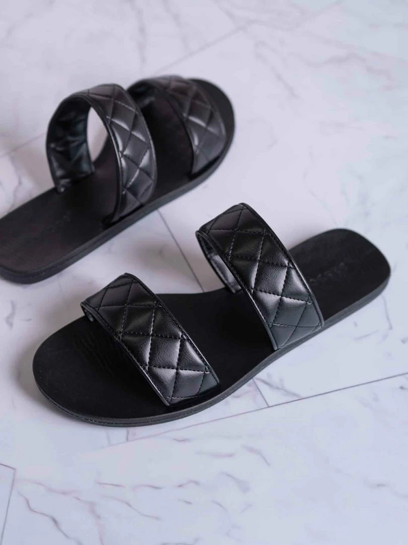 Bamboo Moonbeam65 Quilted Double Strap Slides - Summer Slip On Flat Slipper Sandal