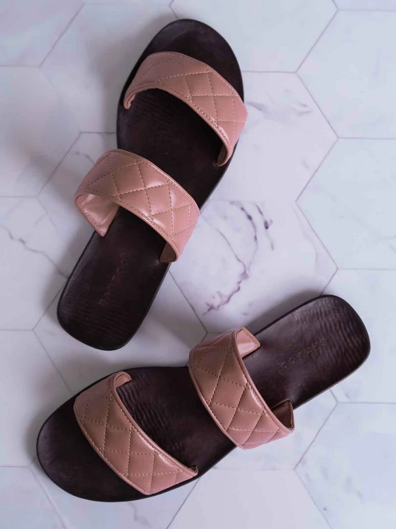 Bamboo Moonbeam65 Quilted Double Strap Slides - Summer Slip On Flat Slipper Sandal