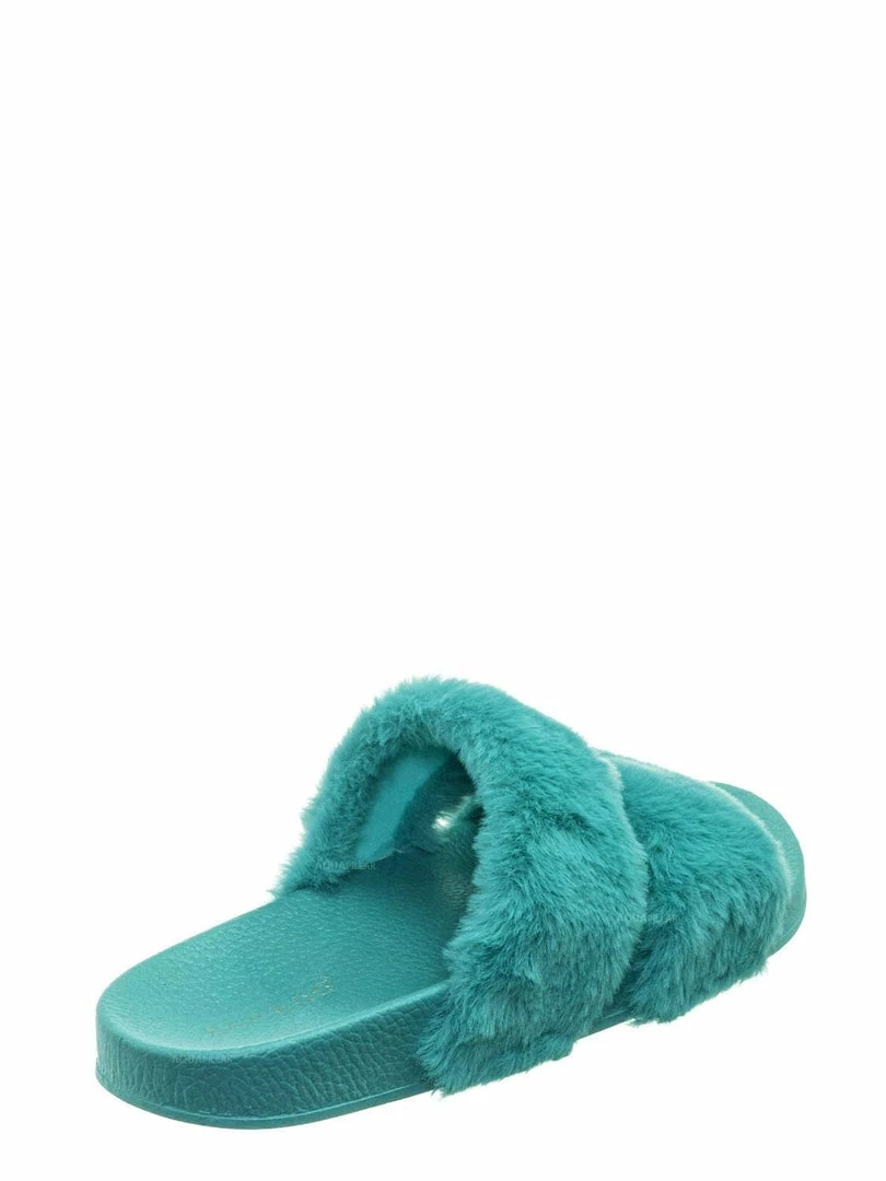 Bamboo Liv04 Faux Fur Footbed Slides - Cozy Double Strap Furry Contour Slide In Sandals