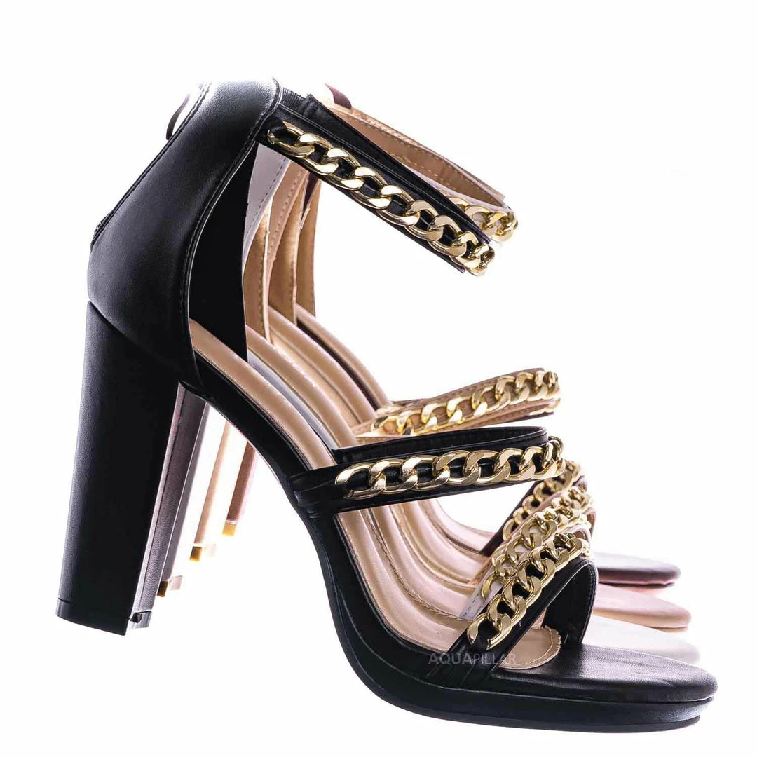 Top Moda Choo28 High Heel Chain Sandal - Womens Block Heel Strappy Open Toe Shoes