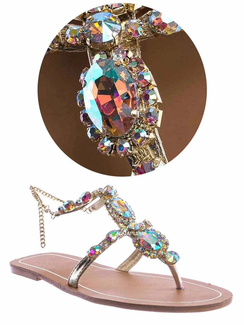Bamboo Jewel44 Boho Rhinestone Crystal Thong Sandal - Women Bling Chain Link Gladiators