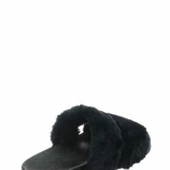 Bamboo Liv04 Faux Fur Footbed Slides - Cozy Double Strap Furry Contour Slide In Sandals