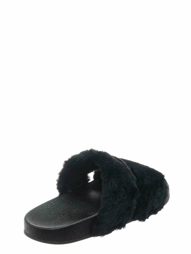 Bamboo Liv04 Faux Fur Footbed Slides - Cozy Double Strap Furry Contour Slide In Sandals