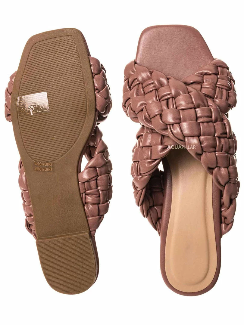 Bamboo Kick61 Thick Braided Woven Slides - Womens Open Squared Toe Slip On Mule Slipper New