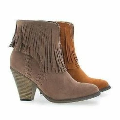 Dallas03 By Nature Breeze, Western Slip On Stacked Block Heel Fringe Ankle Boots New