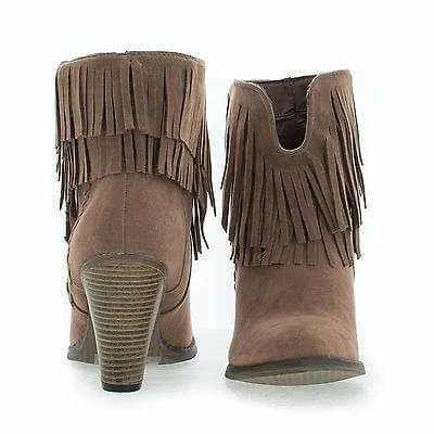 Dallas03 By Nature Breeze, Western Slip On Stacked Block Heel Fringe Ankle Boots New
