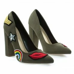 OgdenP By Not Just A Pump, Embroidered Retro Graphic Lips, Rainbow, Star Patch Block Heel Pump