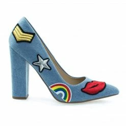 OgdenP By Not Just A Pump, Embroidered Retro Graphic Lips, Rainbow, Star Patch Block Heel Pump