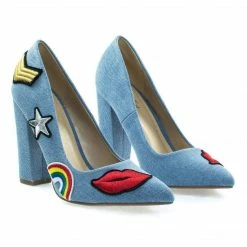 OgdenP By Not Just A Pump, Embroidered Retro Graphic Lips, Rainbow, Star Patch Block Heel Pump