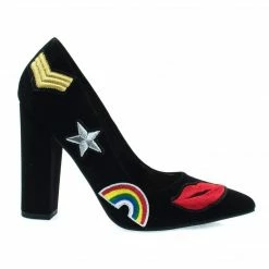 OgdenP By Not Just A Pump, Embroidered Retro Graphic Lips, Rainbow, Star Patch Block Heel Pump