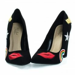 OgdenP By Not Just A Pump, Embroidered Retro Graphic Lips, Rainbow, Star Patch Block Heel Pump