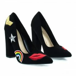 OgdenP By Not Just A Pump, Embroidered Retro Graphic Lips, Rainbow, Star Patch Block Heel Pump