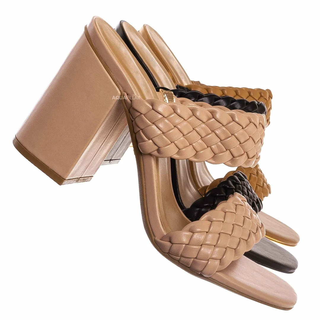 Bamboo New Milestone13 Thin Woven Block Heel Slide - Women Slipper Shoes