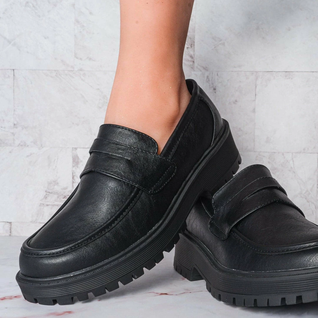 Forever Link New Chief60 Penny Loafers Platform Lug Sole - Vintage Creepers Chunky Work Flat Pumps Shoes Chunky Block Heel