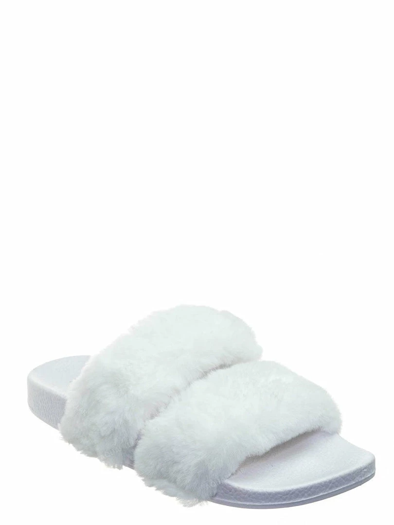 Bamboo Liv04 Faux Fur Footbed Slides - Cozy Double Strap Furry Contour Slide In Sandals