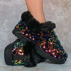 Bamboo Annie51 Shearling Sequins Slipper - Women Faux Fur Lined Bootie New