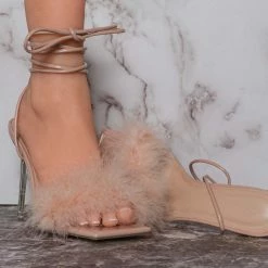 Wild Diva New Bonia04 Leg Wrap Fluffy Feather Sandal - Women Lace Up Heel S