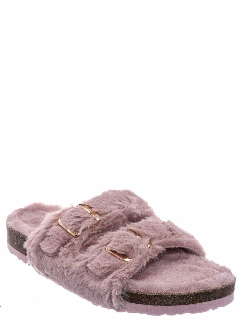 Bamboo New Defeat63 Faux Fur Molded Footbed Slipper - Furry Slide In Cork Slide Sandal