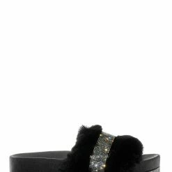 Bamboo Nighttime02 Faux Fur Rhinestone Flatform Slides - Molded Footbed Crystal Sandal New