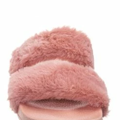 Bamboo Liv04 Faux Fur Footbed Slides - Cozy Double Strap Furry Contour Slide In Sandals