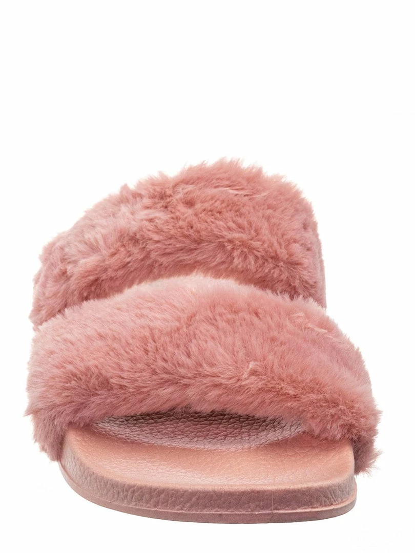 Bamboo Liv04 Faux Fur Footbed Slides - Cozy Double Strap Furry Contour Slide In Sandals