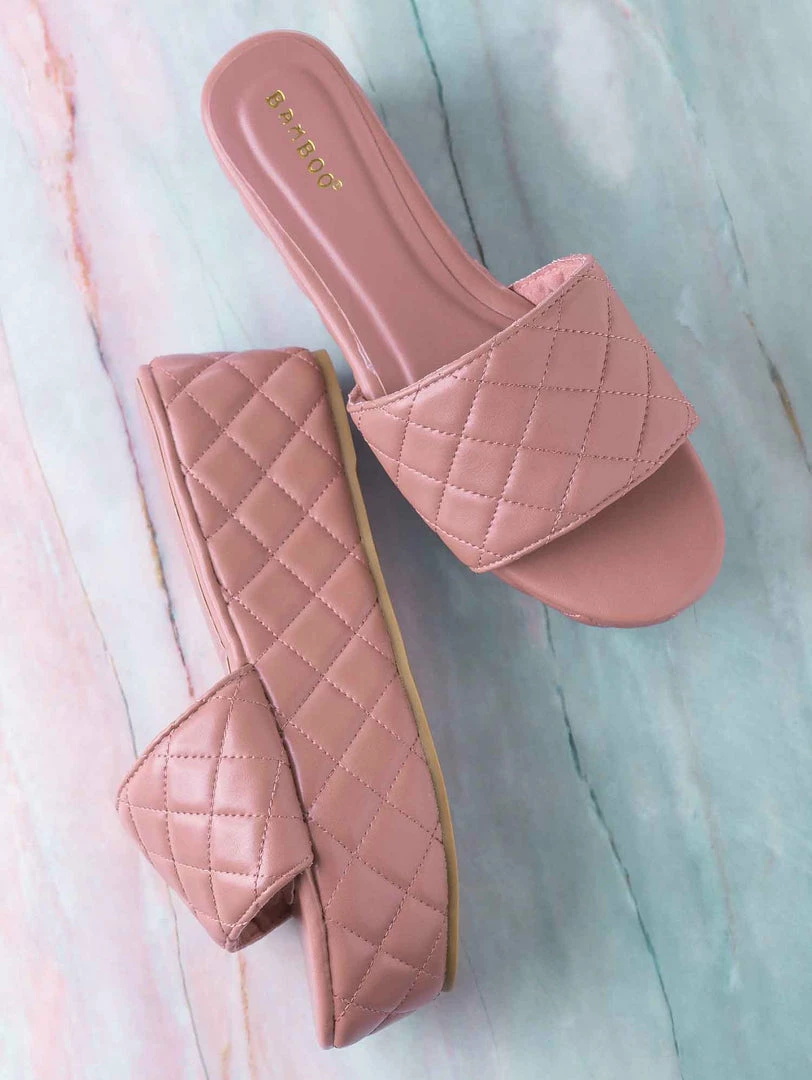 Bamboo New Purchase23 Quilted Flatform Slipper Mule - Platform Diamond Stitch Slide Sandals