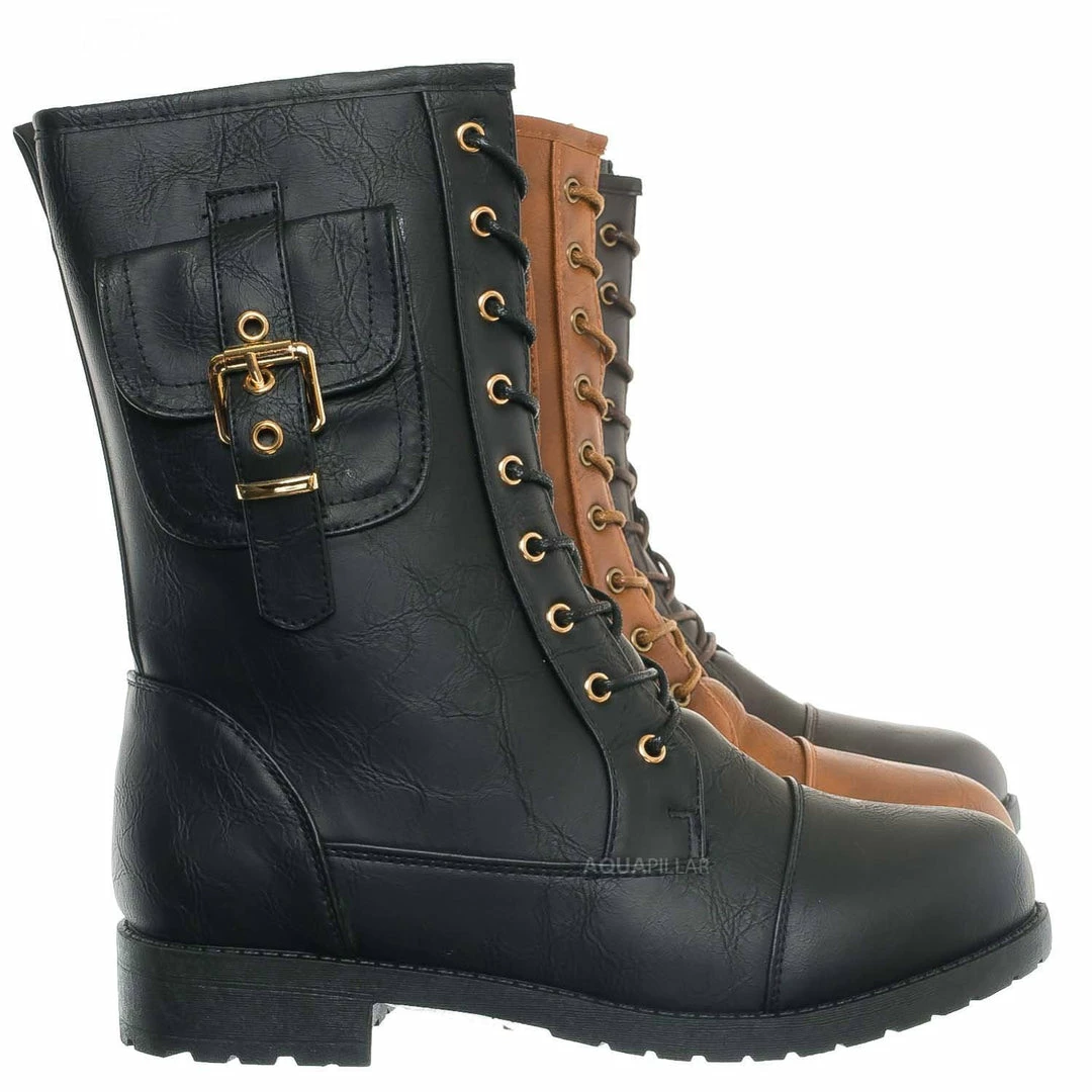 Forever Link New Mountain84 Combat Boots W Side Pocket - Men Women Lace Up Shoes