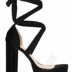 Wild Diva Mia32 Lace Up Block Heel Sandal, Women Leg Wrap Lucite Shoes