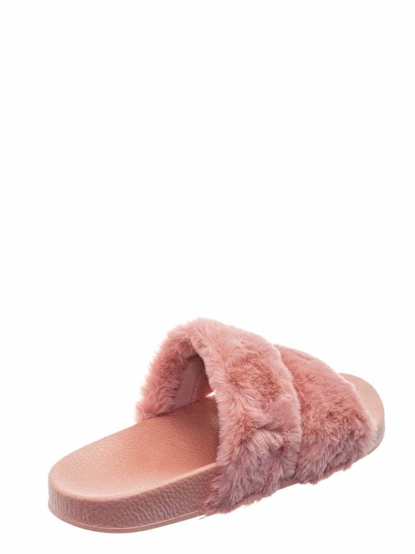 Bamboo Liv04 Faux Fur Footbed Slides - Cozy Double Strap Furry Contour Slide In Sandals