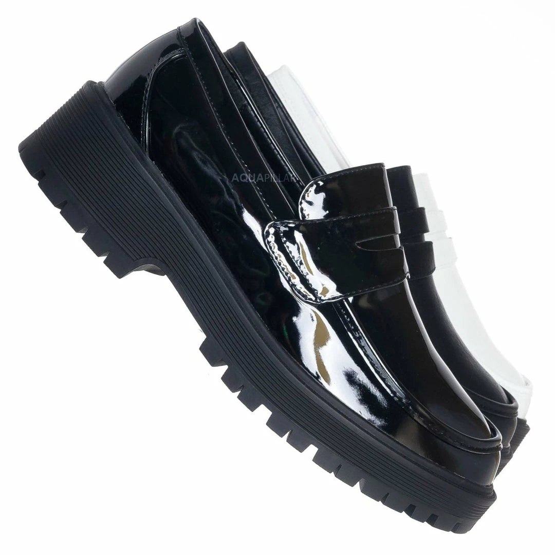 Forever Link New Chief60 Penny Loafers Platform Lug Sole - Vintage Creepers Chunky Work Flat Pumps Shoes Chunky Block Heel