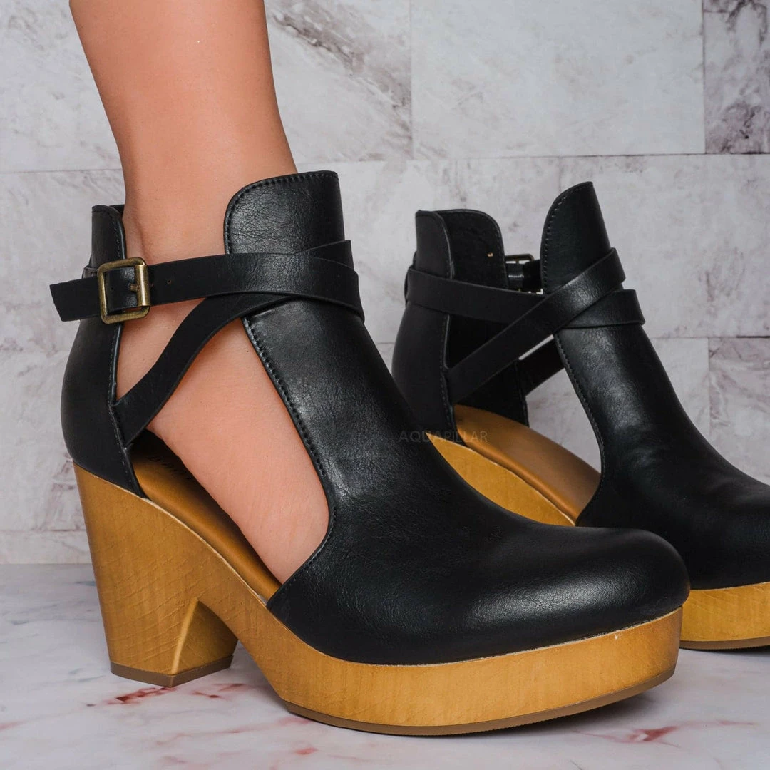 Bamboo Advance01 Belted Side Cut-Out Bootie Clog, Women Lightweight Wooden Shoes